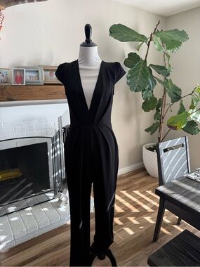 Mystic Black Deep V Cap-Sleeve Jumpsuit